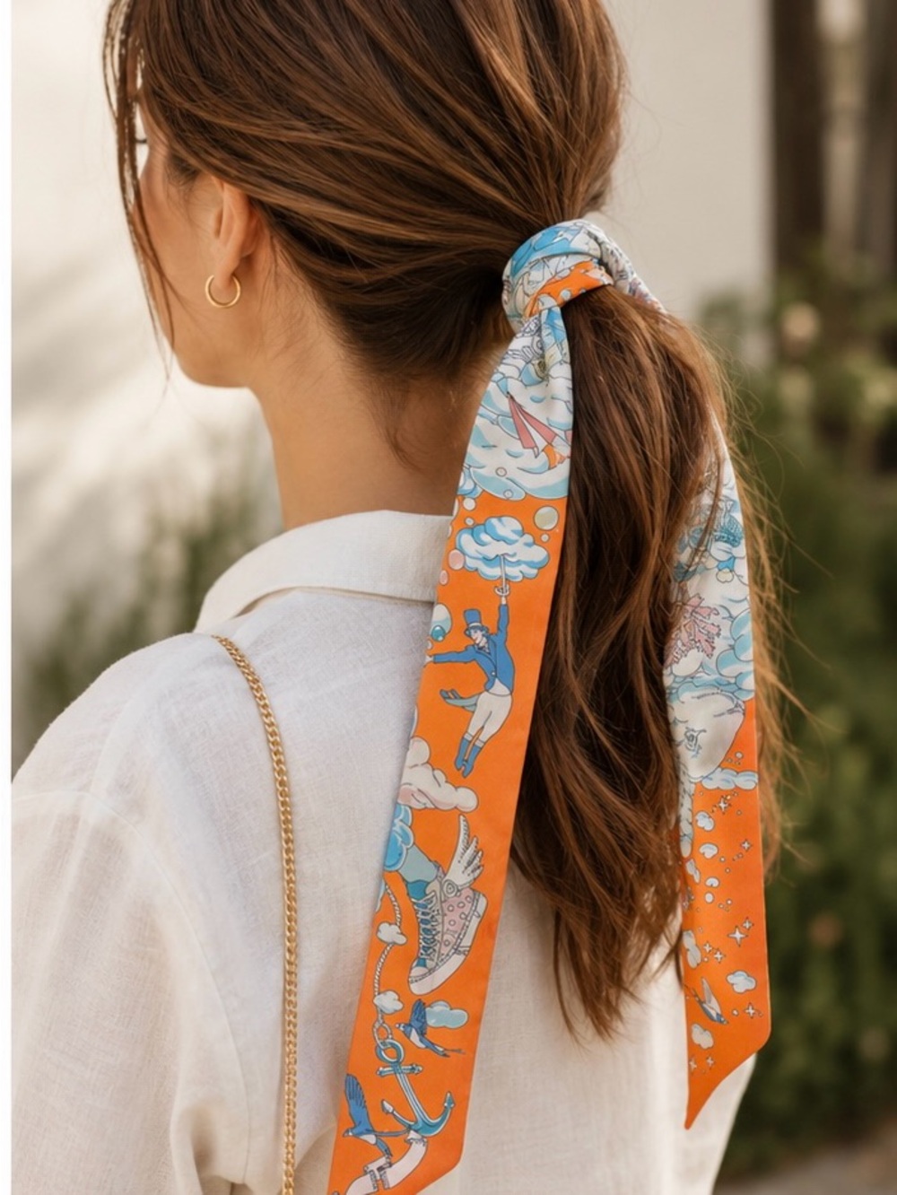 Bright Orange and Sky Blue Illustrated Silk Scarf Tie - Picture 3 of 4